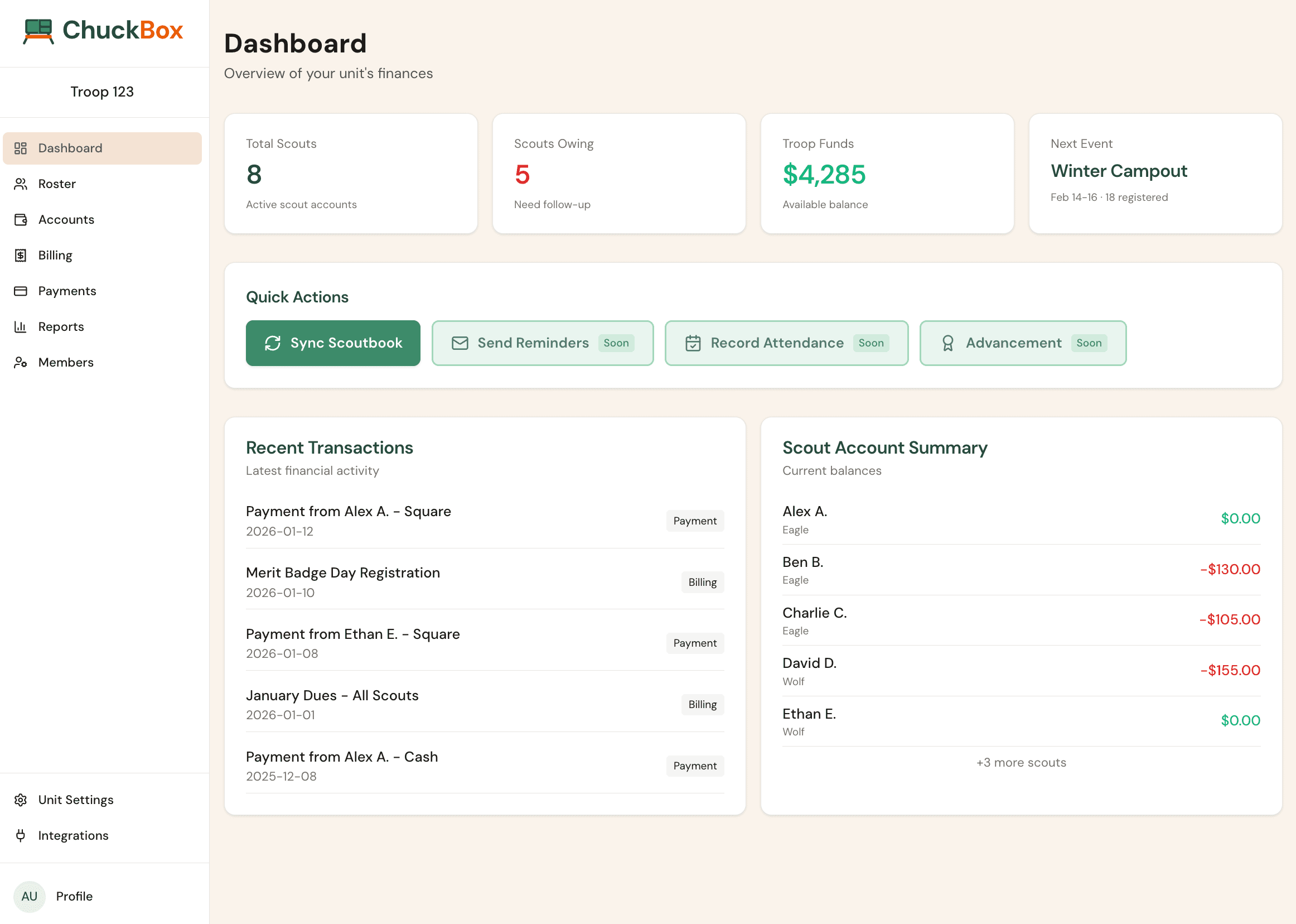 ChuckBox dashboard with quick actions, transactions, and scout account summary