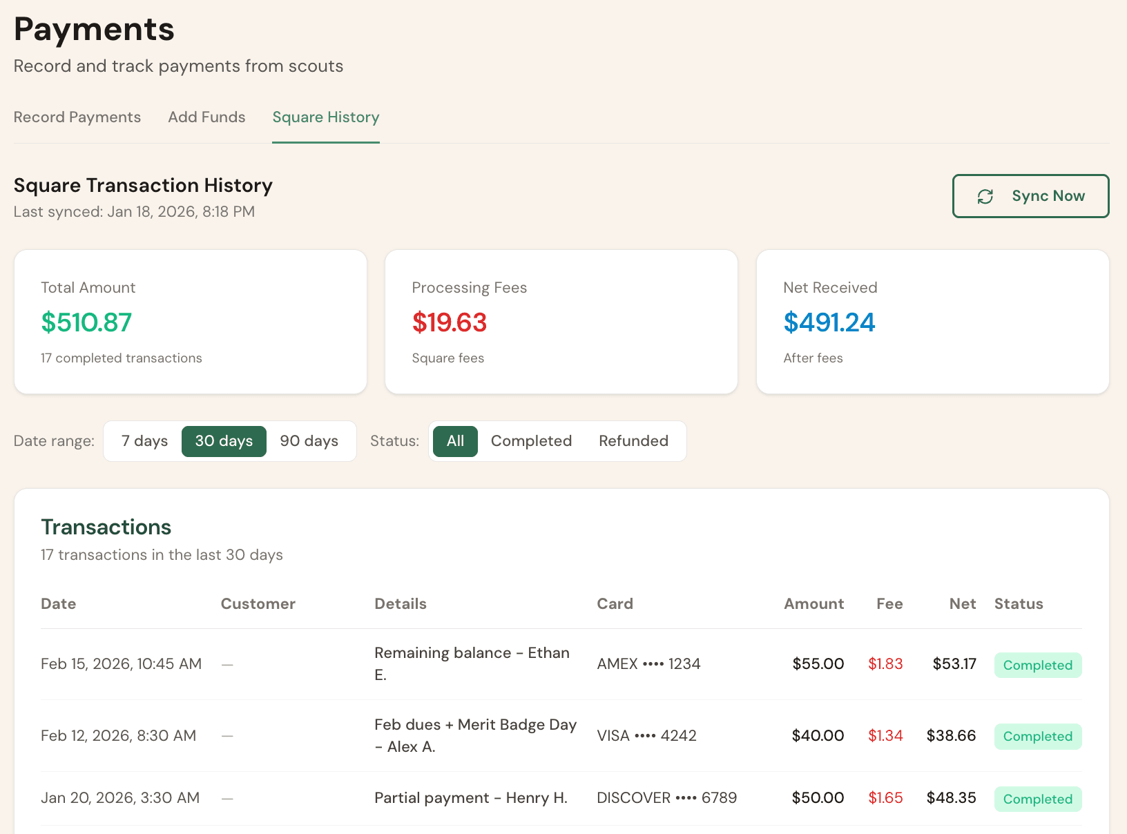 Square Transaction History showing payments received